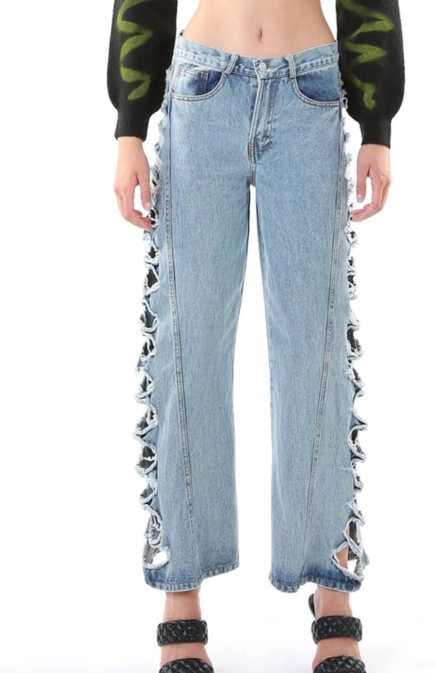 NEW BEULAHSTYLE women's side holes washed straight pants in light blue